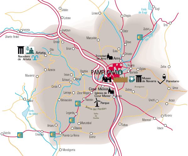 Mapa de Pamplona y la "Cuenca" (comarca) - Turismo en Navarra